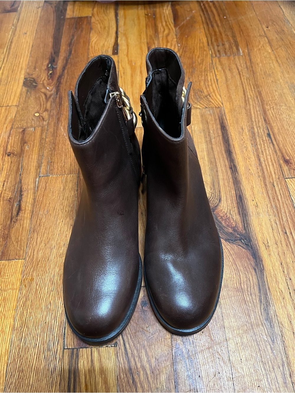 Sam Edelman Dark Brown Leather Ankle Booties with Gold Buckle